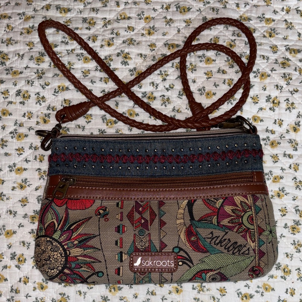 Sakroots Brown Floral & Geometric Crossbody Bag with Braided Strap